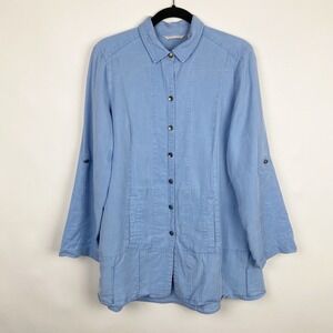 Soft Surroundings Island Breeze Blue Chambray Tunic Shirt Button Up Women Size L
